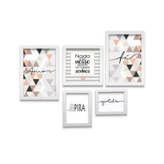 Kit 5 Quadros Frases Mosaico Bege E Branco - Moldura E Vidro - Los Qua