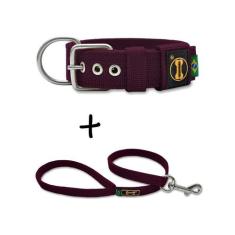 Coleira Cachorro Grande Pit Bull + Guia 80cm  Fit - Amorosso, Vinho, P
