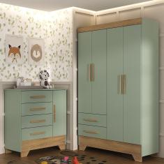 Quarto Infantil Completo Guarda Roupa 4 Portas 2 Gavetas Com Cômoda Liz Verde Fosco-nature