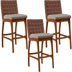 Kit 03 Banquetas Altas Mila Marrom Linho Bege