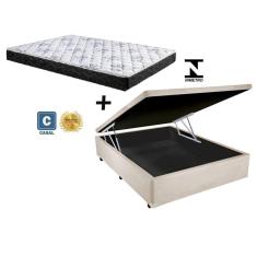 Cama Box Baú Casal Conforto Suede Bege + Colchão Casal Conforto Espuma D33 Com EPS 17x138x188