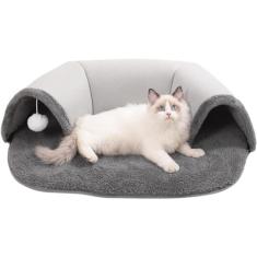 Cama de túnel para gatos, abrigo espaçoso para condomínios para gatos com bola de pelúcia branca, túneis interativos laváveis ​​para gatos, cama para gatos com aquecimento automático, caverna macia e