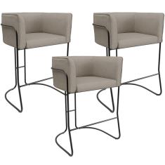 Kit 03 Banquetas Baixa Base de Aço Preto Betina D02 Linho Bege D-463 - Lyam Decor