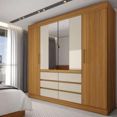 Guarda-Roupa Casal 4 Portas 6 Gavetas com Espelho Cinamomo/Off White