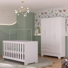 Quarto de Bebê com Guarda Roupa 4 Portas 2 Gavetas e Berço 3 em 1 Cata