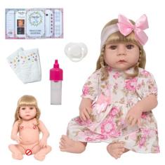 Boneca Tipo Reborn Loira Cabelo Longo Com Vários Itens - Cegonha Rebor