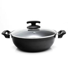 Panela Wok Com Tampa De Vidro Super Antiaderente Preta