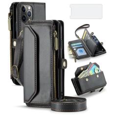 Asuwish Capa de celular para iPhone 11 Pro 5.8 com zíper e protetor de tela de vidro temperado e suporte de cartão de bloqueio de RFID de couro para iPhone 11pro iPhone11 i XI 11s 11pro mulheres