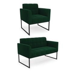 Sofá Namoradeira e Poltrona Industrial Preto Elisa Bouclê Verde D03 - D`Rossi