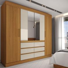 Guarda-Roupa Casal Marrom 4 Portas 6 Gavetas com Espelho Cinamomo/Off White - Pm