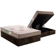 Cama Box Baú Queen: Colchão Espuma D33 Polar Pérola Clean + Base CRC Suede Brown (158x198)