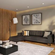 Sofá 4 Lugares Calmness com Chaise Esquerdo Pés e Base em Madeira Linho Cotton Grafite