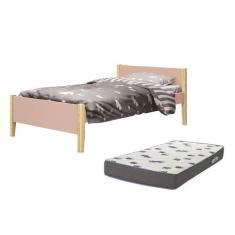 Cama Solteiro Simba Rosa Fosco Pés Madeira Natural com Colchão D33 - R