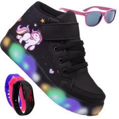 Tenis Infantil De Led Botinha Unicornio Meninas Feminino + Oculos Relogio-Feminino