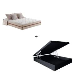 Cama Baú Box Casal Tecido Sintético Preto com Colchão Pillow Angel - Bello Box - Molas Ensacadas 63x138x188