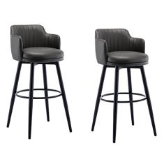 Conjunto De 2 Bancos De Bar Cinza Com Encosto Giratório Cadeira De Bar Ilha De Cozinha Banqueta De Altura De Balcão, Couro Nappa Pernas De Metal Preto Assento Estofado Redondo, Para Bares, Café, Loung