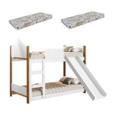 Beliche infantil/juvenil 100%mdf branco/mel com escorregador e escada 