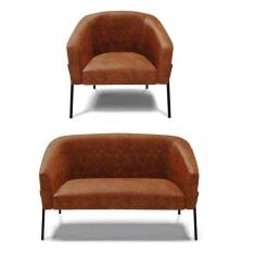 Sofá Namoradeira e Poltrona Pé de Ferro Preto Stella Sintético PU Noze