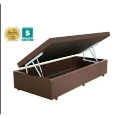 Cama box baú solteiro corino marrom -pistão A gás