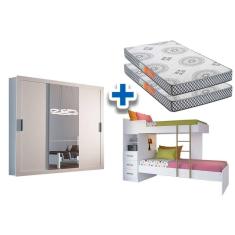 Colchão Pérola Polar (2un) + Guarda Roupa Veneza Luxo + Beliche Plus Branco