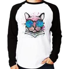 Camiseta Raglan Gato de Óculos Psicodélico Manga Longa - Foca na Moda,