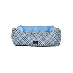 Cama para Cachorro Quadrada em Poliéster Pied de Poule Azul e Cinza Grande (G) 48 x 48 cm