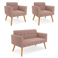 Namoradeira E 2 Poltronas Pé Palito Castanho Elisa Bouclê Rosê D03 - D