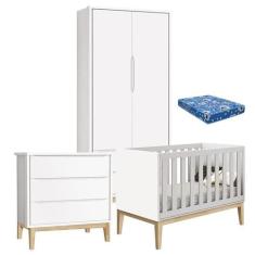 Quarto de Bebê Classic 2 Portas com Colchão e Cômoda Gaveteiro Branco 