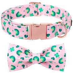 Maca Bates Coleira de cachorro com trevo com gravata borboleta para o dia de São Patrício coleira de cachorro com fivela de metal ajustável para cães pequenos, médios e grandes, confortável, macia,