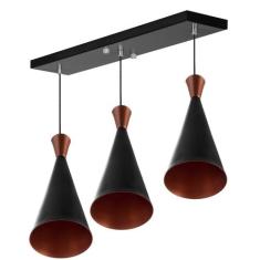 Lustre Pendente Funil Triplo Base Retangular Preto/Cobre - MARRYLUZ