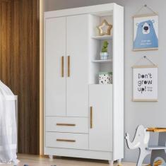 Guarda-Roupa Infantil Flocos 3 Portas 2 Gavetas Flex Branco/Ypê/Branco