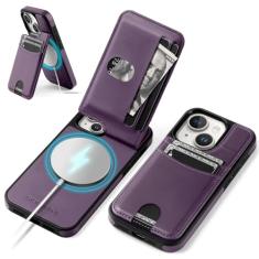 SkyEagle Capa carteira compatível com iPhone 14 com suporte para cartão de crédito 【Compatível com Magsafe】 Mulheres Homens 【Bloqueio RFID】 Capa protetora de couro PU adequada para Apple 14, roxo