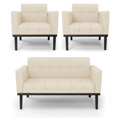 Sofá Namoradeira E 2 Poltronas Base De Madeira Preto Elisa Linho D03 - D`rossi Cor A19 Bege