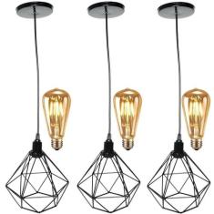 3 Pendentes Aramado Diamante Luminária Lustre Retrô Balcão + 3 Lâmpada