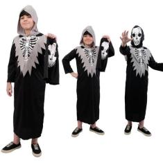Fantasia Halloween Esqueleto Infantil Manto Preto e Máscara Caveira - 