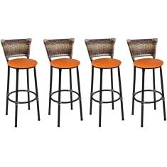 Kit 4 Banquetas Altas Preta com Encosto Junco Capuccino Assento Laranja