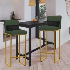 Kit 02 Banqueta Alta com Encosto Lucca Industrial Cozinha Balcão Ferro Dourado Suede Verde e Almofada Preto - Ahazzo Móveis