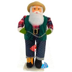 Boneco Natalino Papai Noel Pescador Pesca Peixe Rede De 83cm