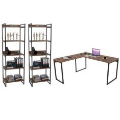 Conjunto Escritório Estilo Industrial Mesa 150x150cm e 2 Estantes 60cm