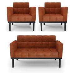 Sofá Namoradeira E Poltrona Base De Madeira Preto Elisa Corano D03 - D'rossi Cor Nozes