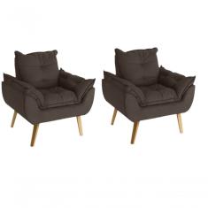 Kit 02 Poltrona Cadeira Decorativa Glamour Com Pés Quadrado Marrom