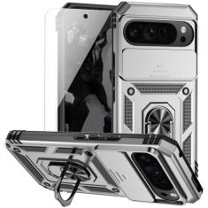 Capa para Google Pixel 9 Pro XL com capa de lente de câmera HD, camada dupla de nível militar, suporte de anel magnético testado contra quedas, suporte de suporte, capa protetora para celular para