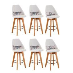 Kit 06 Banquetas Alta Maya Giratória Com Encosto Linho Bege Claro e Almofada Linhas Coloridas - Aurora Line