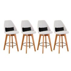 Kit 04 Banquetas Alta Maya Giratória Com Encosto Gourmet Linho Bege e Almofada Suede Preto - Aurora Line