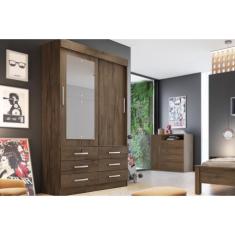 Guarda Roupa Solteiro 2 Portas de Correr (1 c/ Espelho) e 6 Gavetas Sonare Canela - Novo Horizonte