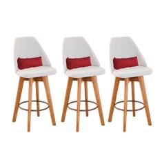 Kit 03 Banquetas Linho Bege E Almofada Vermelho