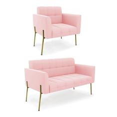 Sofá Namoradeira E Poltrona Pé De Ferro Dourado Elisa Suede D03 - D'rossi Cor Rosa Bebê