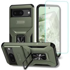 Wanyuexes Capa para Pixel 8, capa para Google 8 GKWS6 G9BQD com protetor de tela de vidro temperado e capa de câmera deslizante, suporte giratório para carro, capa à prova de choque para Google Pixel