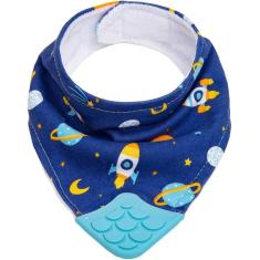 Babador Bandana com Mordedor Buba Espaço +4m Bebê Babeiro Infantil Azul Fecho Ajustável