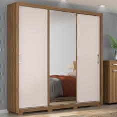 Guarda Roupa Casal Residence 3 Portas de Correr 2 Gavetas MDP com Espelho Amêndola Touch-Off White Demóbile